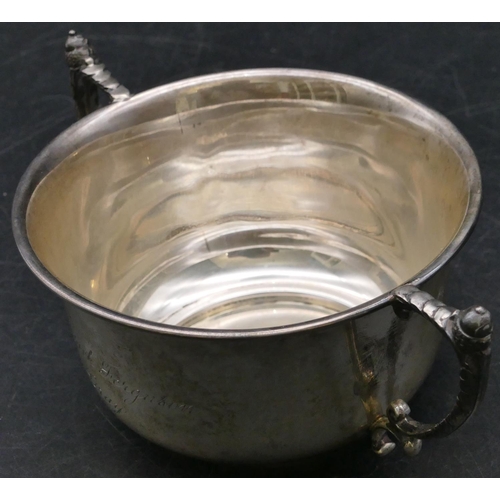 394 - A Birmingham silver round 2-handled porringer, maker's mark W.N. Ltd, 16cm wide overall, 3.8oz