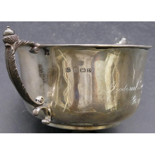 394 - A Birmingham silver round 2-handled porringer, maker's mark W.N. Ltd, 16cm wide overall, 3.8oz