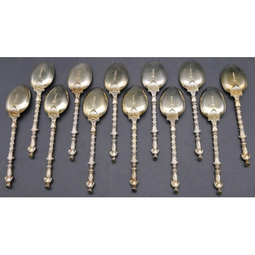 398 - A set of 12 Victorian silver gilt Apostle teaspoons, London 1884, maker's mark JA/TS, 10.5oz