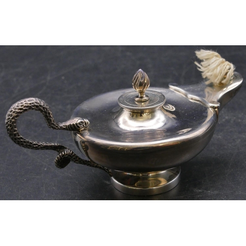 399 - An Edward VII silver magic lantern shaped oil lamp with serpent handle, Chester 1902, maker's mark S... 