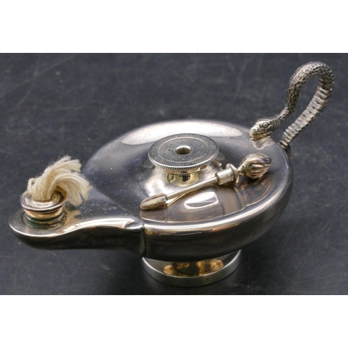 399 - An Edward VII silver magic lantern shaped oil lamp with serpent handle, Chester 1902, maker's mark S... 