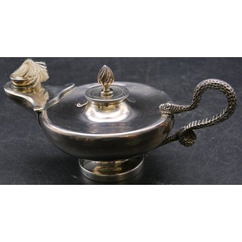 399 - An Edward VII silver magic lantern shaped oil lamp with serpent handle, Chester 1902, maker's mark S... 