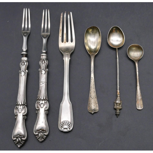 412 - A pair of Victorian Birmingham silver forks with embossed handles, another silver fork with shell mo... 