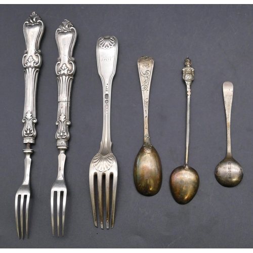 412 - A pair of Victorian Birmingham silver forks with embossed handles, another silver fork with shell mo... 