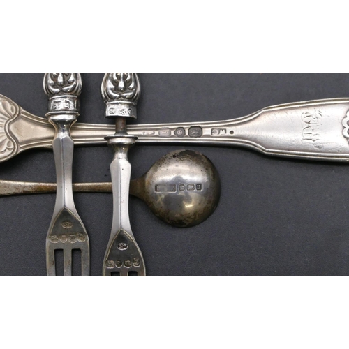 412 - A pair of Victorian Birmingham silver forks with embossed handles, another silver fork with shell mo... 