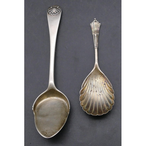 413 - A Sheffield silver caddy spoon with shell shaped bowl, a London silver jam spoon, maker's mark FH, 1... 