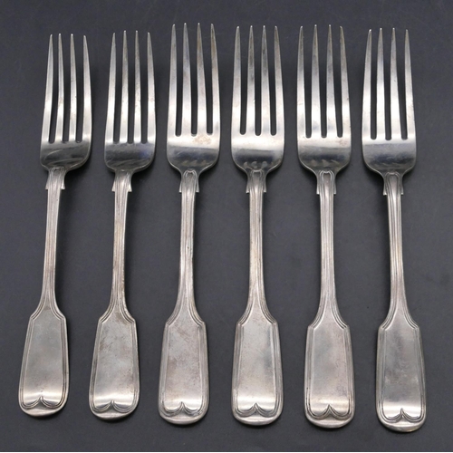 414 - A Harlequin set of 6 silver dinner forks, 4 x London 1853, maker's mark SH/DC and 2 x London 1864, 1... 