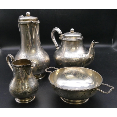 418 - A Victorian silver 4-piece tea and coffee service with allover engraved swag, floral and leaf decora...