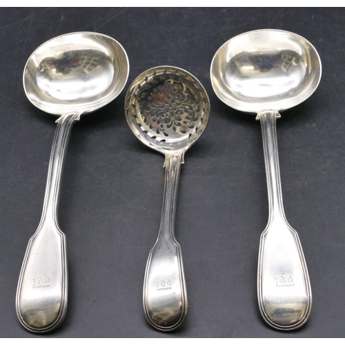 421 - A pair of early Victorian silver sauce ladles and a matching caster spoon, London 1843, maker's mark... 