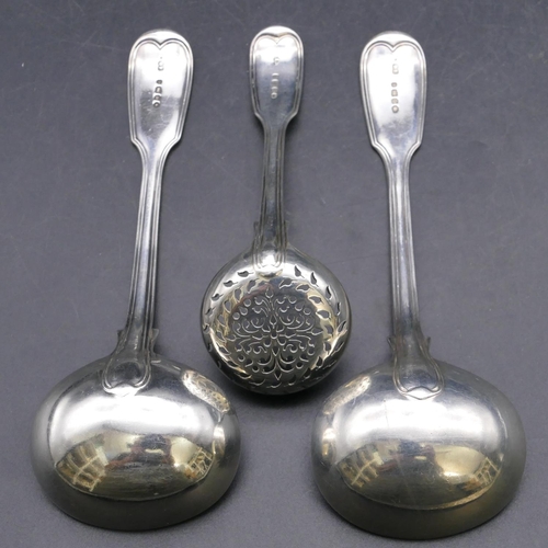 421 - A pair of early Victorian silver sauce ladles and a matching caster spoon, London 1843, maker's mark... 