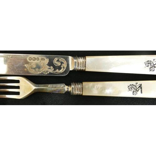 429 - A Harlequin set of 12 Victorian silver fruit knives and forks with engraved decoration and Mother of... 