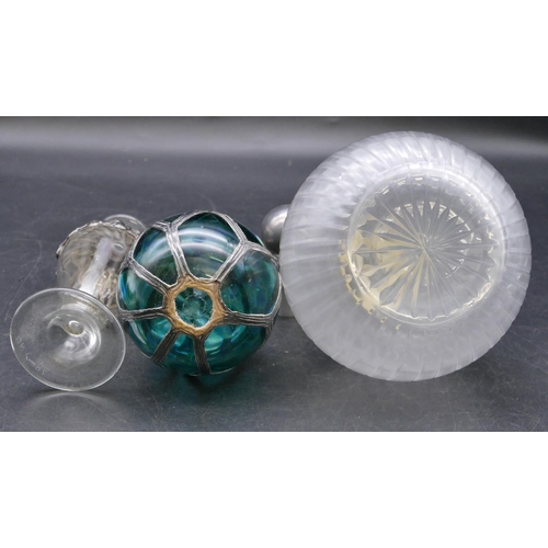 437 - A clear glass round bulbous thin necked scent bottle with stopper and silver neck, 15cm high, a gree... 