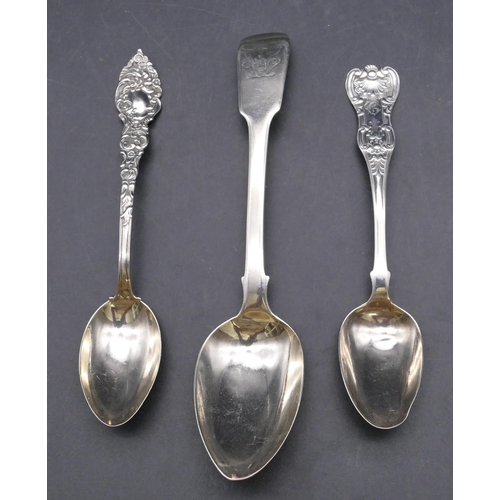 451 - A Georg IV silver dessert spoon, a Glasgow silver teaspoon and a Sterling silver teaspoon, 2.7oz (3)