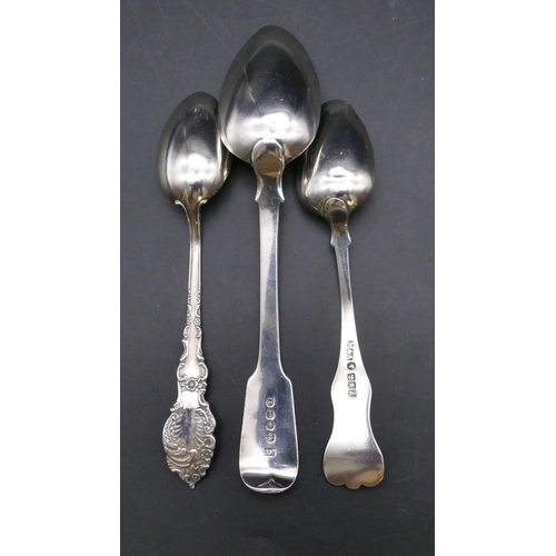 451 - A Georg IV silver dessert spoon, a Glasgow silver teaspoon and a Sterling silver teaspoon, 2.7oz (3)