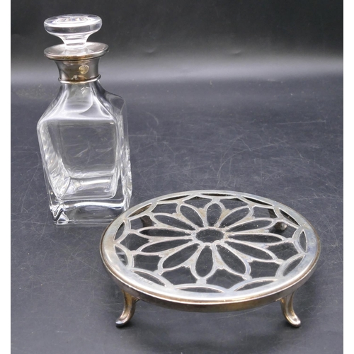 456 - A plain glass square scent bottle with stopper with Birmingham silver neck, 14.5cm high and a clear ... 