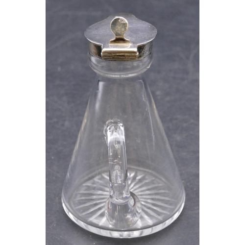 457 - A plain glass small Whisky jug with Birmingham silver hinged lid 