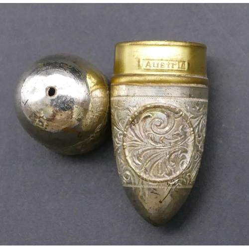 462 - An Edward VII small silver Whisky label with chain, a small thimble shaped shot glass with embossed ... 