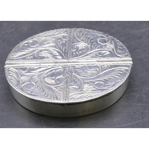 465 - A modern Birmingham silver circular pill box with 4 hinged lids with engraved scroll decoration, 4.2... 