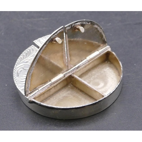 465 - A modern Birmingham silver circular pill box with 4 hinged lids with engraved scroll decoration, 4.2... 