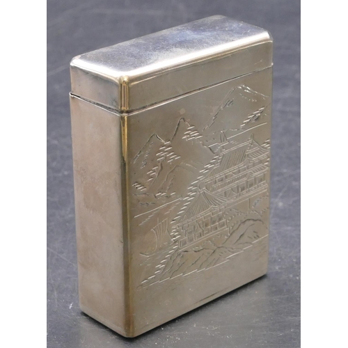 470 - A Sterling 950 silver rectangular shaped cigarette box with hinged top with engraved front depicting... 