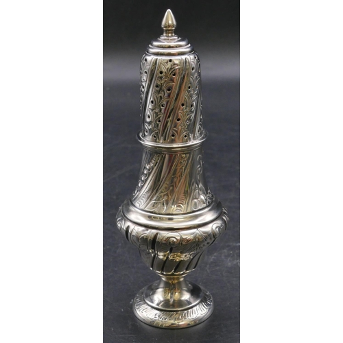 479 - A Victorian silver round bulbous shaped sugar caster with allover embossed floral, leaf and scroll d... 