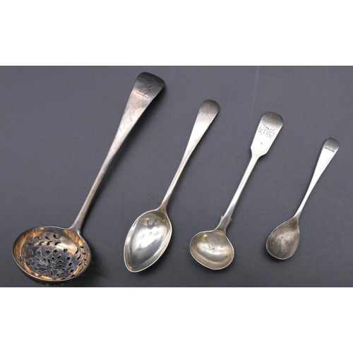 486 - A Victorian silver sifter spoon, a Georgian silver salt spoon, a silver mustard spoon and a silver t... 