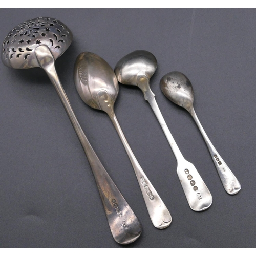 486 - A Victorian silver sifter spoon, a Georgian silver salt spoon, a silver mustard spoon and a silver t... 