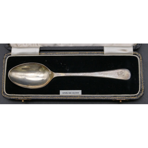 493 - A Birmingham plain silver child's spoon in fitted black leather case, 0.8oz