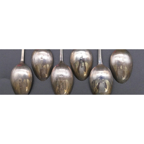 495 - A set of 4 Birmingham silver teaspoons and a pair of Birmingham silver Apostle teaspoons in black le... 