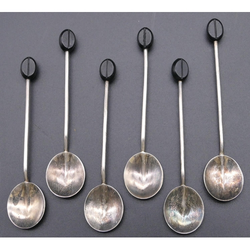 496 - A set of 6 Birmingham silver coffee bean spoons in fitted black leather case, 1.1oz