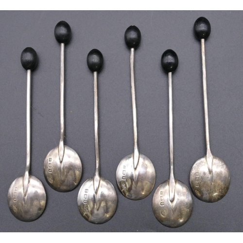 496 - A set of 6 Birmingham silver coffee bean spoons in fitted black leather case, 1.1oz