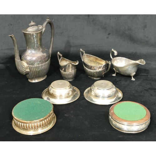 504 - A 3-piece bulbous shaped plated tea service with half embossed reeded decoration, teapot, milk jug a... 