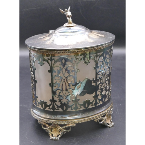 505 - An oval silver plated biscuit barrel with hinged lid enclosing clear glass liner, on splayed feet, d... 