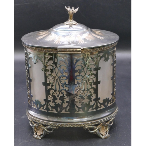 505 - An oval silver plated biscuit barrel with hinged lid enclosing clear glass liner, on splayed feet, d... 