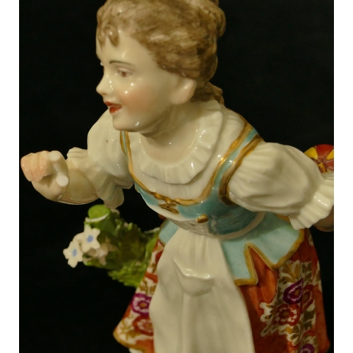 63 - A pair of Chelsea Derby porcelain figures of young gentleman and lady playing catch (both have branc... 