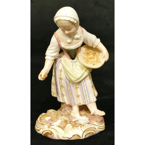 64 - A Meissen porcelain figure of a girl feeding birds (pieces missing to base), 12.5cm high