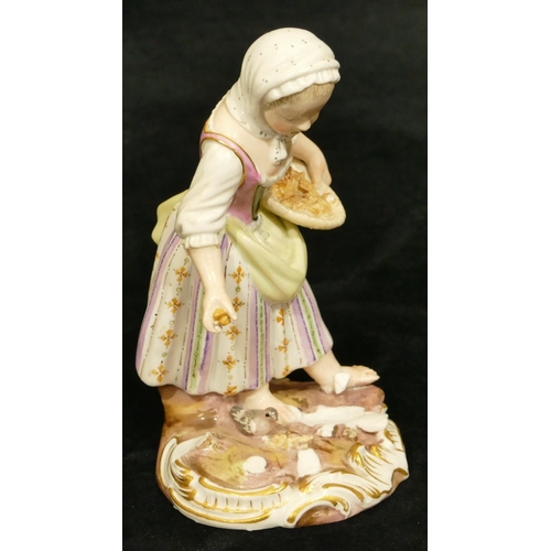 64 - A Meissen porcelain figure of a girl feeding birds (pieces missing to base), 12.5cm high