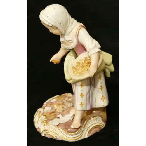 64 - A Meissen porcelain figure of a girl feeding birds (pieces missing to base), 12.5cm high