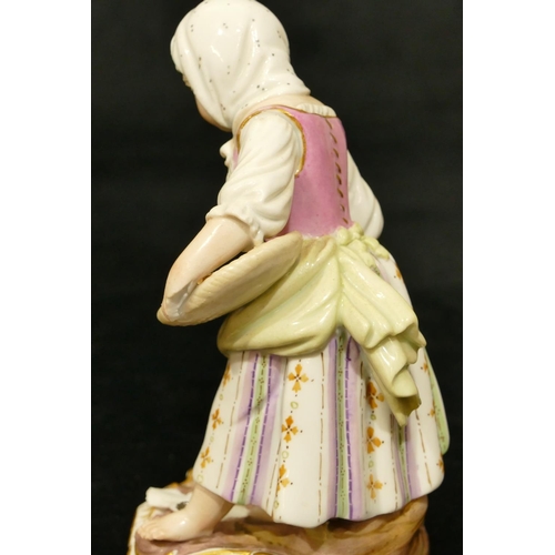 64 - A Meissen porcelain figure of a girl feeding birds (pieces missing to base), 12.5cm high