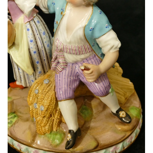 68 - A Meissen group of seated boy and standing girl playing mandolin (part to plumage, end to mandolin, ... 