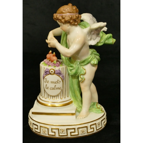 70 - A Meissen figure of Cupid standing next to a pedestal (part wing missing, chip to underside of base)... 