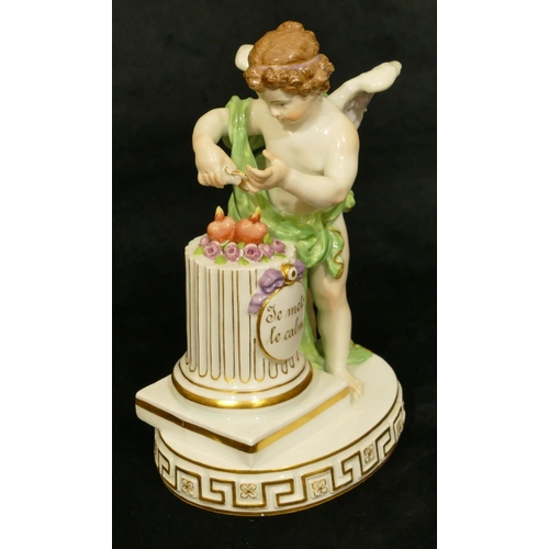 70 - A Meissen figure of Cupid standing next to a pedestal (part wing missing, chip to underside of base)... 