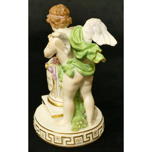 70 - A Meissen figure of Cupid standing next to a pedestal (part wing missing, chip to underside of base)... 