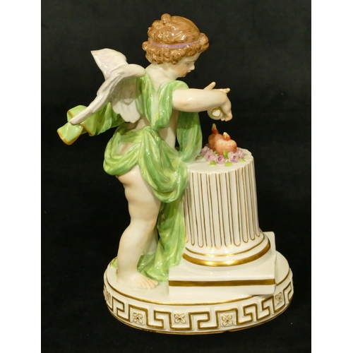 70 - A Meissen figure of Cupid standing next to a pedestal (part wing missing, chip to underside of base)... 