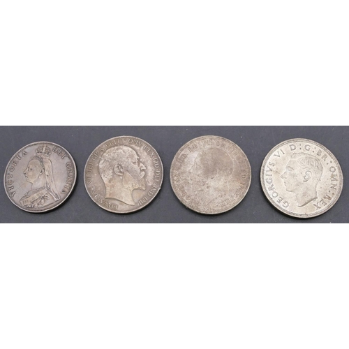 706 - A Victorian silver double Florin coin 1889, a 1937 Coronation Crown and 2 other Crowns 1902 and 1935... 