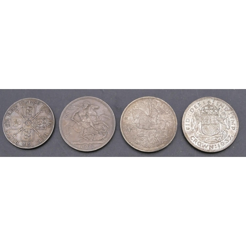 706 - A Victorian silver double Florin coin 1889, a 1937 Coronation Crown and 2 other Crowns 1902 and 1935... 