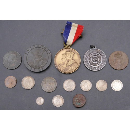 707 - An 18th Century George III Cartwheel, 1797, 12 various other coins and 2 medals (15)