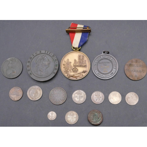 707 - An 18th Century George III Cartwheel, 1797, 12 various other coins and 2 medals (15)