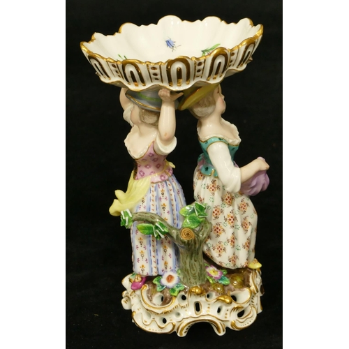 71 - A Meissen small oval sweetmeat dish in the form of 2 ladies holding oval shell aloft (encrusted flow... 