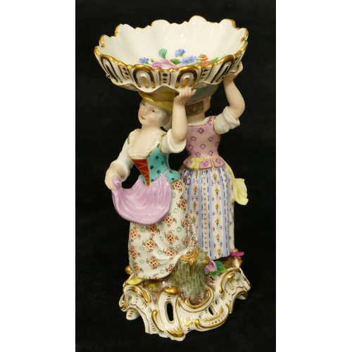 71 - A Meissen small oval sweetmeat dish in the form of 2 ladies holding oval shell aloft (encrusted flow... 